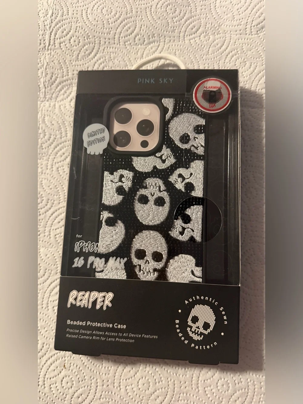 NWT Reaper Beaded Protective Case for iPhone 16 Pro Max - Black & White Skull